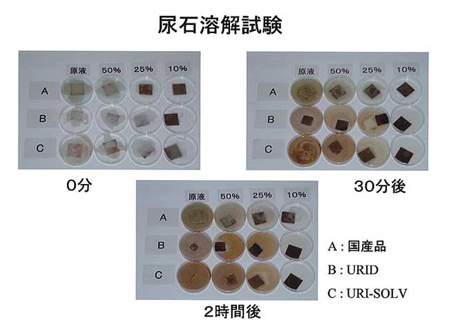 尿石溶解試験（0分・30分後・2時間後）