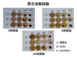 尿石溶解試験（4時間後・6時間後・24時間後）
